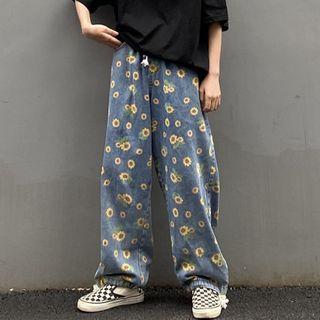 Flower Print Wide-leg Jeans