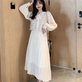 Set: Tweed Vest + Midi Accordion Pleat Chiffon Dress