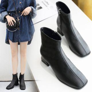 Faux Leather Block-heel Square-toe Ankle Boots