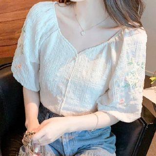 Short-sleeve V-neck Embroidered Shirt