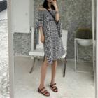 Gingham Off-shoulder Elbow-sleeve Shirt Dress