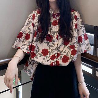 Elbow-sleeve Floral Print Shirt Rose - Almond - One Size