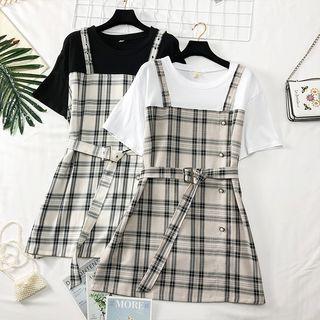 Mock Two-piece Plaid Dress With Belt