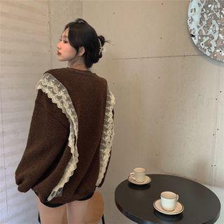 Lace Trim Sweatshirt Khaki - One Size