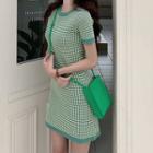 Short-sleeve Checker A-line Mini Dress Green - One Size