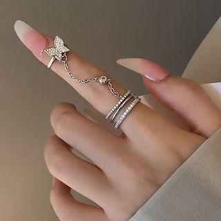 Rhinestone Butterfly Chained Ring 1pc - Silver - One Size