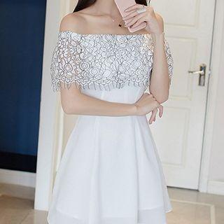 Lace Panel Off Shoulder Short Sleeve A-line Dress
