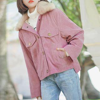 Detachable Furry Collar Buttoned Corduroy Jacket