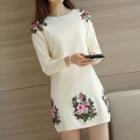 Embroidered Long-sleeve Knit Dress