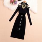 Set: Long-sleeve Off-shoulder Beaded Knit Top + Midi Pencil Skirt Set Of 2 - Black - One Size