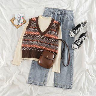 Patterned Sweater Vest / Mock-neck Sweater / Straight Leg Jeans