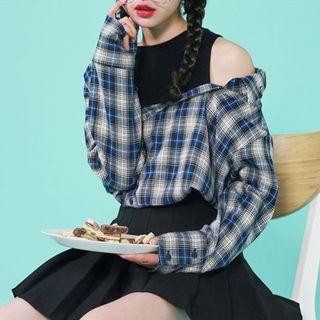 Mock Two-piece Cold-shoulder Shirt Plaid - Blue - One Size