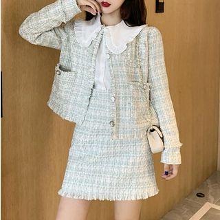 Pocket Detail Tweed Jacket / Fringed Hem Tweed Skirt / Peter-pan-collar Blouse / Set