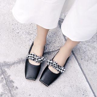 Genuine Leather Square Toe Plaid Bow Accent Flats