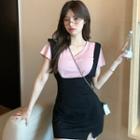 Short-sleeve Plain T-shirt / Side-slit Mini Sheath Overall Dress