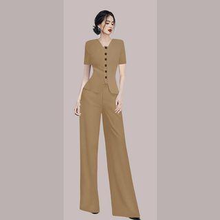 Set: Short-sleeve Button-up Top + Pants