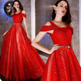 Cold Shoulder Sequined A-line Evening Gown