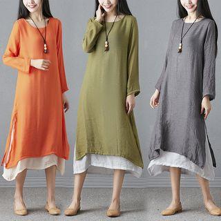 Mock Two-piece Long-sleeve Asymmetric Midi Dress