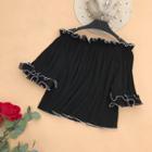 Contrast-trim Pleated Off-shoulder Top
