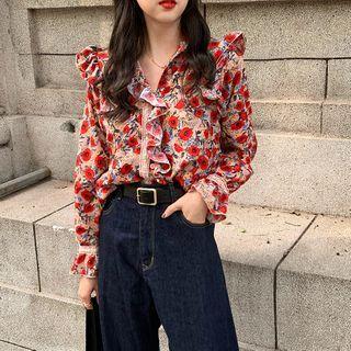 Ruffle Floral Long-sleeve Blouse Floral - One Size