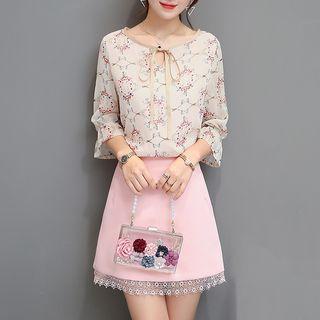 Set: Printed 3/4-sleeve Chiffon Blouse + A-line Skirt