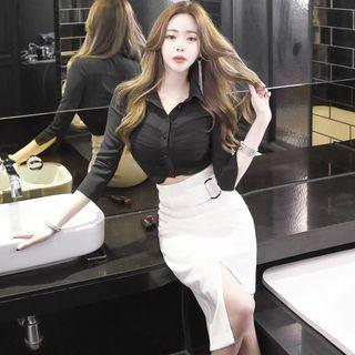 Set: 3/4 Sleeve Shirt + Plain Asymmetric Hem Skirt