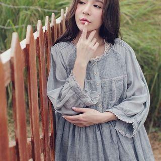 Long-sleeve Lace Trim Blouse Grayish Blue - One Size