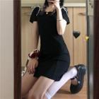Bow-detail Short-sleeve Slit Mini Dress Black - One Size