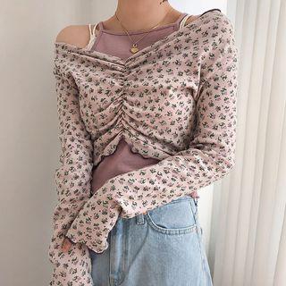 Lettuce-edge Shirred Cropped Floral Top