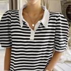 Puff-sleeve Stripe Polo Dress Black - One Size