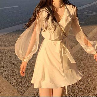 Ruffle Trim Tie-waist Mini A-line Dress