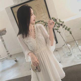 Lace Trim Elbow Sleeve Chiffon Dress