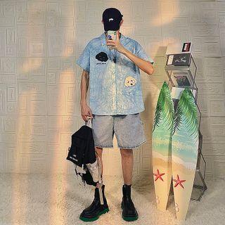 Elbow-sleeve Dog Print Tie-dye Shirt