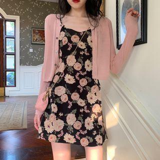 Set: Light Cardigan + Spaghetti Strap Floral Dress