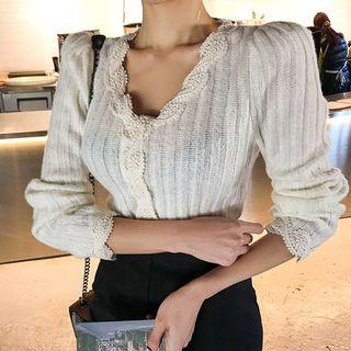 Puff-shoulder Lace-trim Rib-knit Top