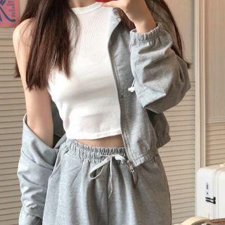 Plain Zip-up Hooded Jacket / Harem Sweatpants / Knit Crop Tank Top
