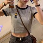Short-sleeve Contrast Trim Graphic Crop T-shirt