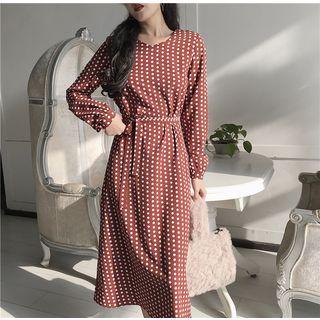 Polka Dot Long-sleeve V-neck Midi Dress