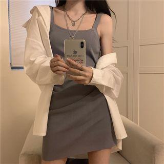 Spaghetti-strap Drawstring Knit Mini Sheath Dress