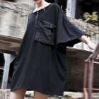 Pocketed Zip-up Elbow-sleeve Tunic T-shirt Black - One Size