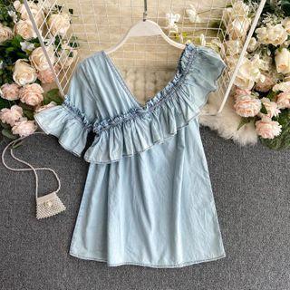 Short-sleeve Ruffle Denim Blouse Blue - One Size