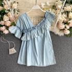 Short-sleeve Ruffle Denim Blouse Blue - One Size