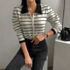 Contrast-collar Stripe Knit Cardigan