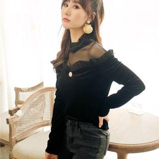 Mock Turtleneck Long-sleeve Mesh Panel Velvet Top