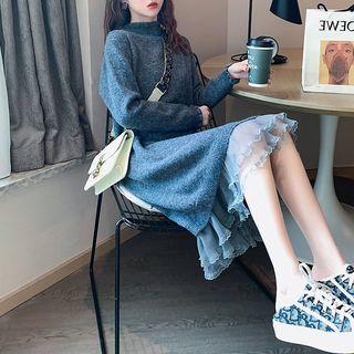 Mock-turtleneck Lace Trim Sweater Dress