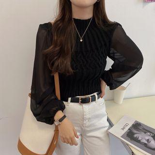 Mock-neck Chiffon Panel Cropped Knit Top