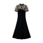 Short Sleeve Lace Panel Qipao Dress