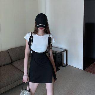 Short-sleeve Plain Knit Top / Tie Strap Plain Dress