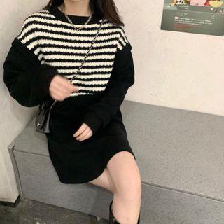 Mock Two-piece Long-sleeve Striped Knit Panel Mini A-line Dress