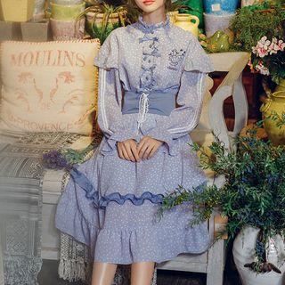 Ruffle-trim Dotted Long-sleeve Dress With Belt